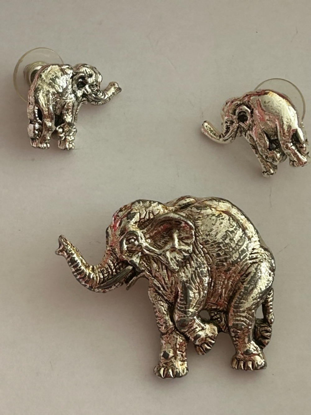 Silver Tone Elephant Brooch and Stud Earrings Set